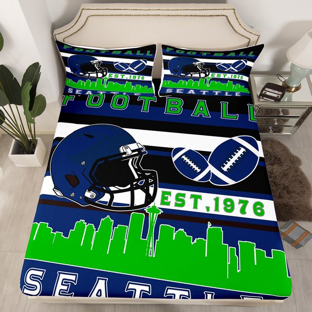 Erosebridal Teens Seattle Football Fitted Sheet Full,Sport Theme Bedding Set Full Size,Rugby Decor,Lightweight,3-Piece(Fitted Sheet,Pillowcase)
