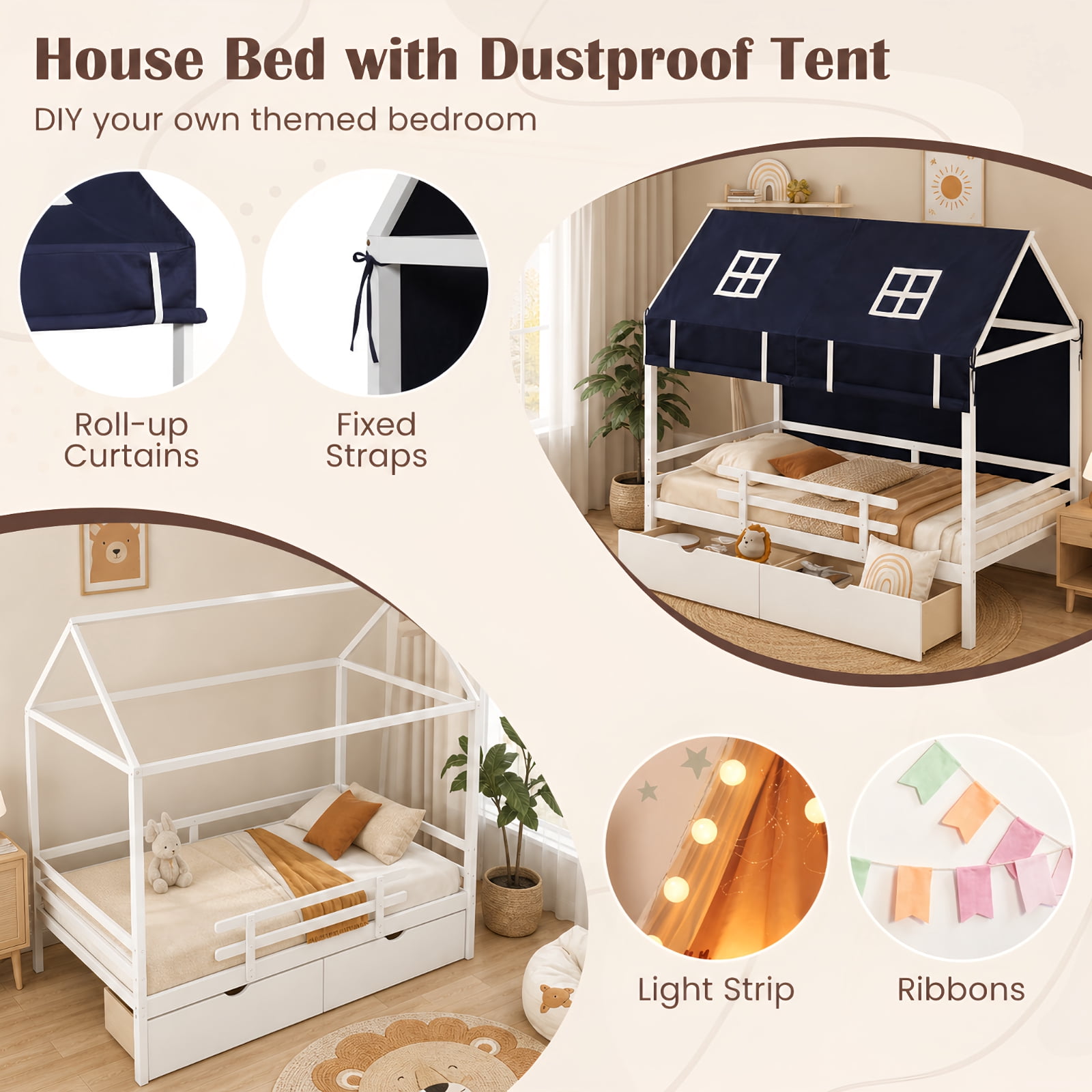 Furnibear Twin House Bed with Dustproof Tent 2 Large Storage Drawers Roll Up Curtains Rolling Casters Protective Fences and Solid Wood Frame, White
