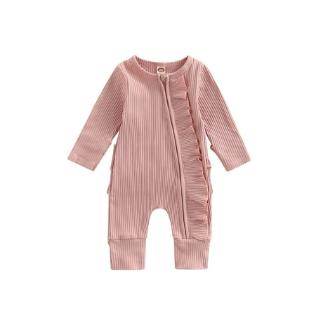 

jaweiw Infant Baby Girls Boys Romper Solid Color Ribbed Round Neck Long Sleeve Jumpsuits Ruffles Oblique Zipper One-Piece Clothes Size 0 6 9 12 18 M