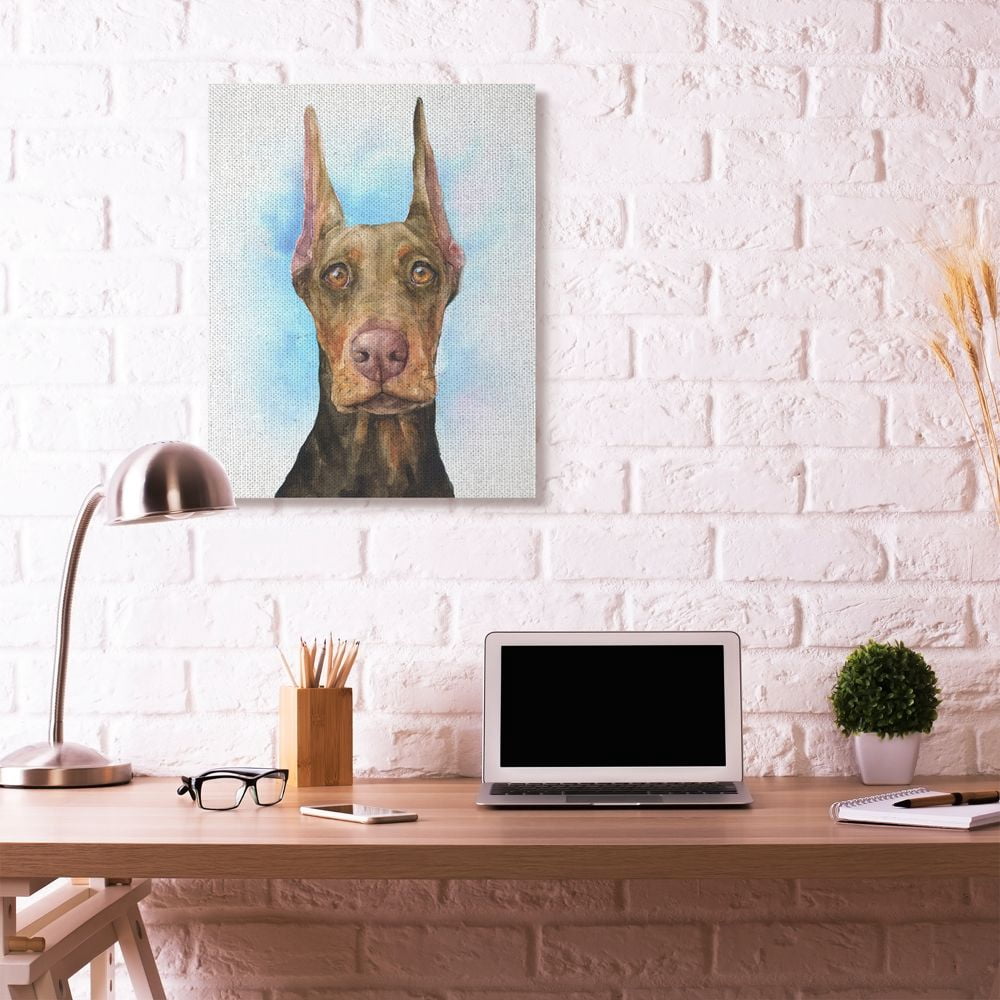 Stupell Industries Cute Doberman Dog Pet Animal Blue Watercolor Painting Canvas Wall Art by George Dyachenko
