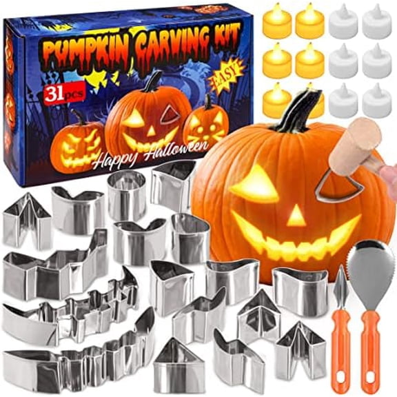 31PCS Pumpkin Carving Kit for Kids - Pumpkin Carving Tools Included Stainless Stencils with LED Candle Lights Halloween Decorations (Mallet Not Included)$$Home Decor, Kitchen, & Other
