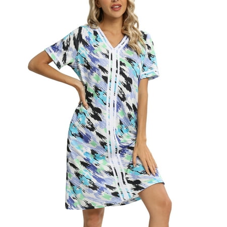 

Womens Nightgowns V-Neck Nightdress Soft Comfy Print Loungewear Floral Short Sleeves Nightshirt Sleep Dress Loose Casual Plus Size House Dress S-2XL
