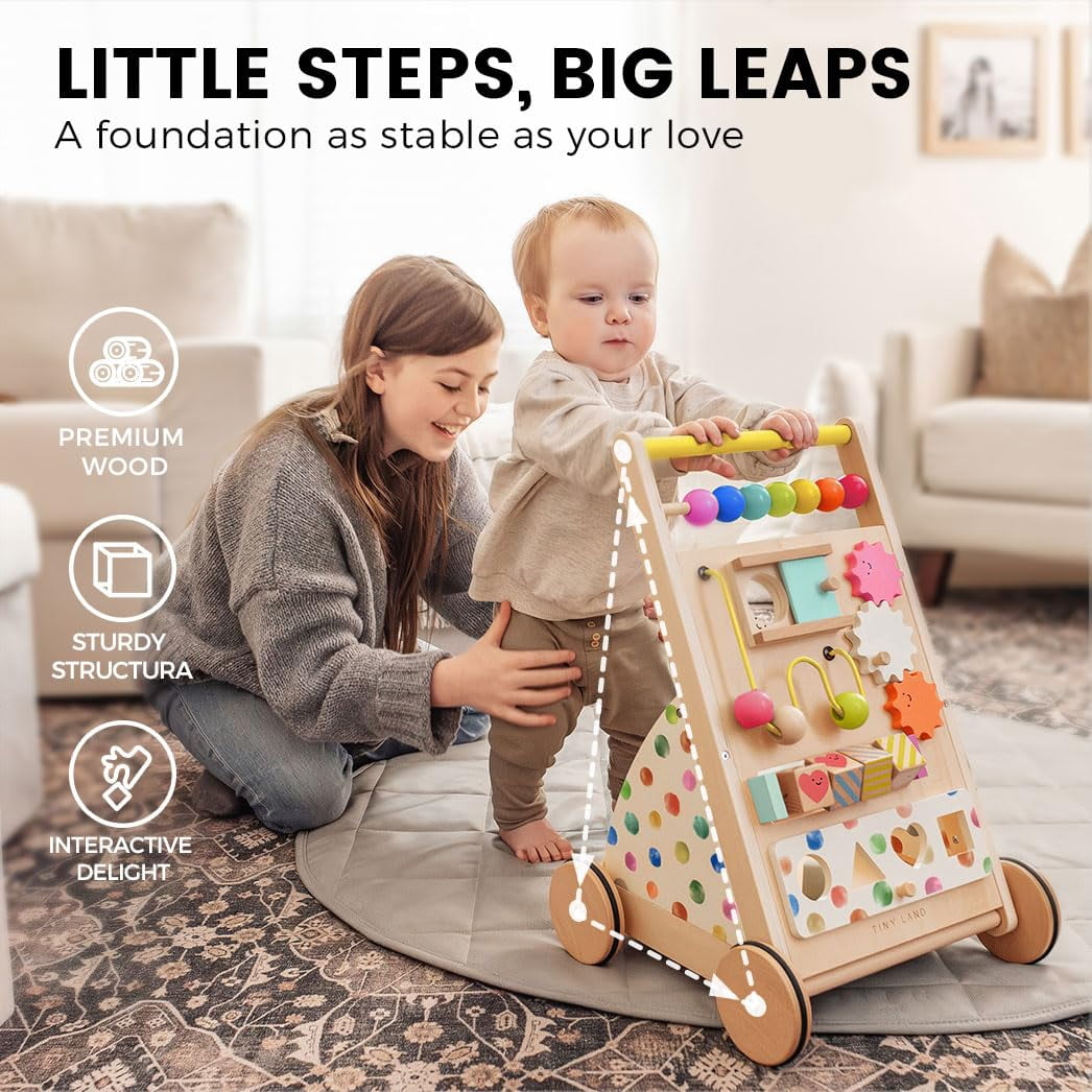 Tiny Land Wooden Baby Walker, Adjustable Speed Baby Push Walker for Boys and Girls, Montessori Activity Center Push Toy for Kids Development