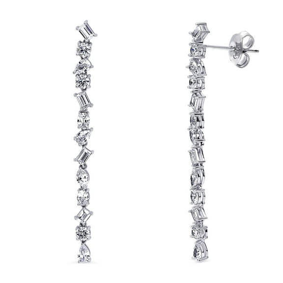 BERRICLE Sterling Silver Cluster Cubic Zirconia CZ Statement Bar Dangle Chandelier Earrings for Women, Rhodium Plated