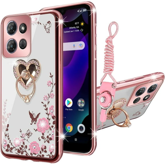 nancheng for Motorola G 5G 2025 Phone Case (6.7-inch) with Ring Stand Cute Girls Women Soft Silicone Shockproof Protection Cover - Rose Butterfly  ﻿