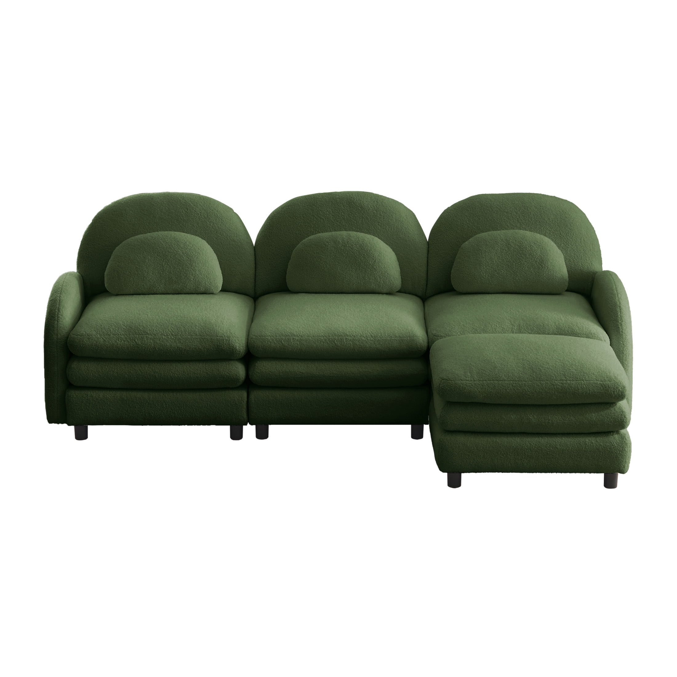 Noble House Windsor Teddy Fabric 3-Seater Sectional Sofa, Modular Cloud Couch with Ottoman and Lumbar Pillows, Green