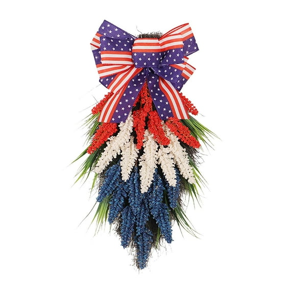 Nmdmisc 22" Patriotic Red,White,Blue Floral Swag Wreath for Front Door Patriotic USA Floral Teardrop Swags 4th of July Independence Day Rings Wreaths for Pillars Porch Wall Window Decor