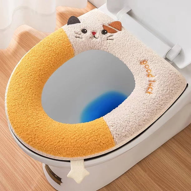 Cubierta de asiento de inodoro bordado con cremallera, cubierta gruesa de inodoro de terciopelo de invierno amarillo