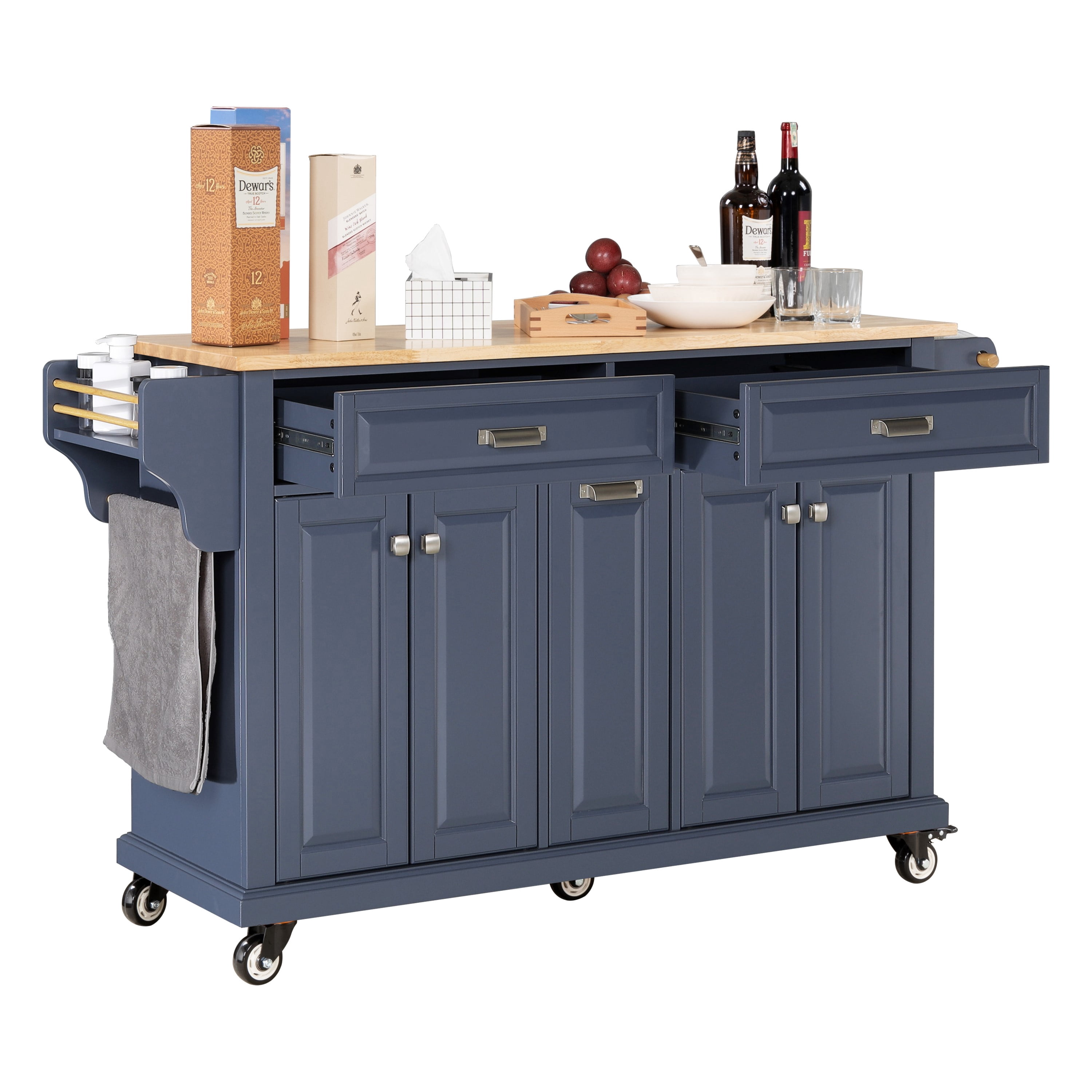 Cambridge Mobile Kitchen Islands on Wheels with Storage, Rubber Wood Countertop, Spice Rack,Towel Holder, 3 Storage Drawers and 2 Cabinets, L60.5 x W18.13 x H36.75IN, (Blue)