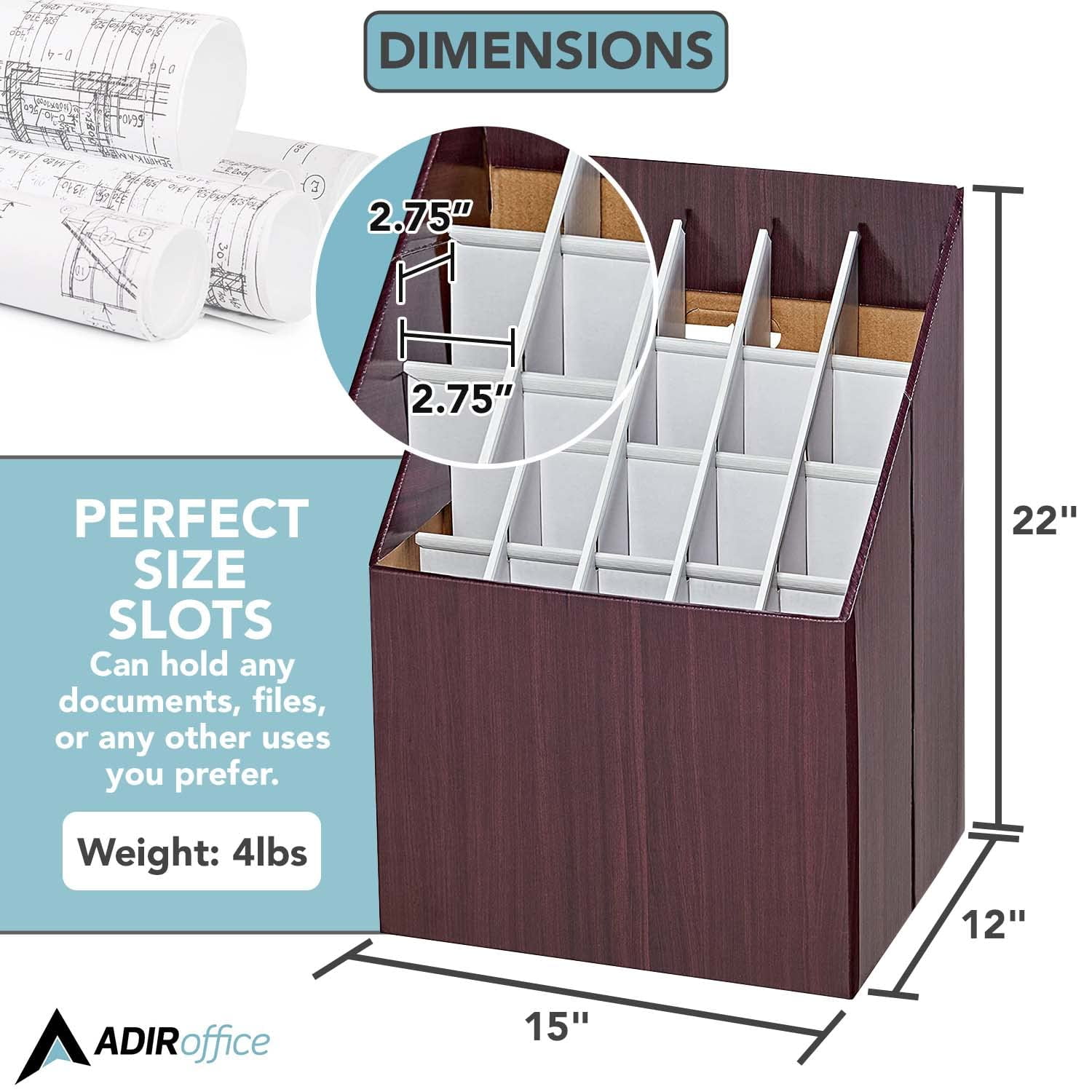 AdirOffice Blueprint Storage Bin Organizer - 20 Compartment Corrugated Cardboard Roll File Organizer, Brown