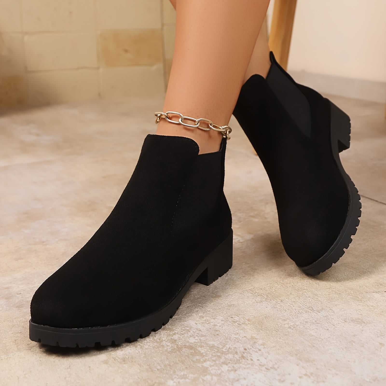 Willtoo Women's Ankle Boots Chunky Low Heels Booties Slip On Elastic Fall Short Boots Women Round Toe Casual Solid Suede Comfortable Bootie Outdoor Non-Slip Hiking Riding Boot Walking Shoes Black