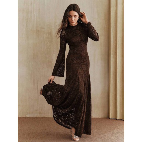 Women Coffee Brown Long Sleeve Lace Maxi Dress, Elegant Round Neck Bell