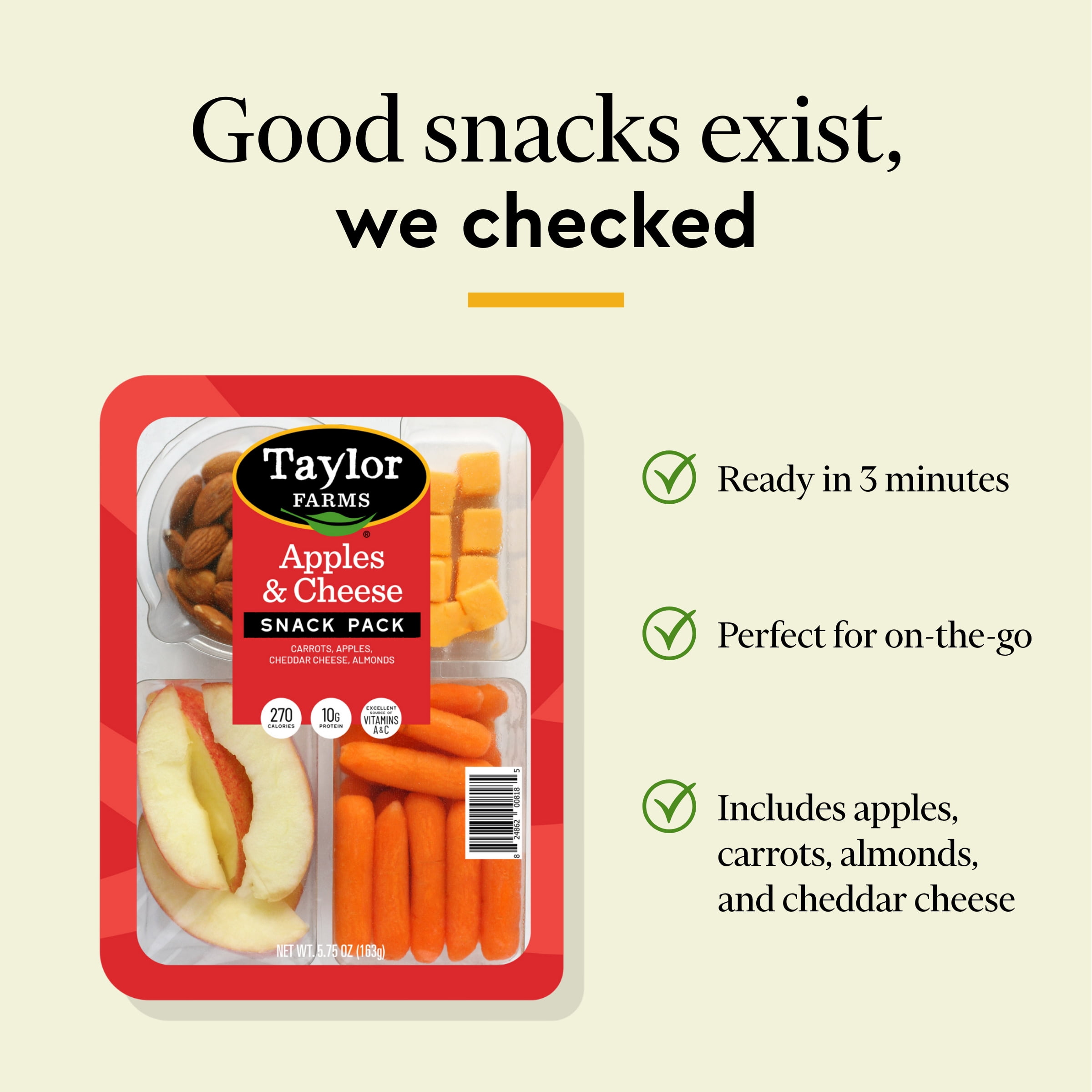 Taylor Farms Refrigerated Snack Tray with Apples, Almonds, Cheese, Carrots & Ranch Dip, 6.5 oz, Fresh