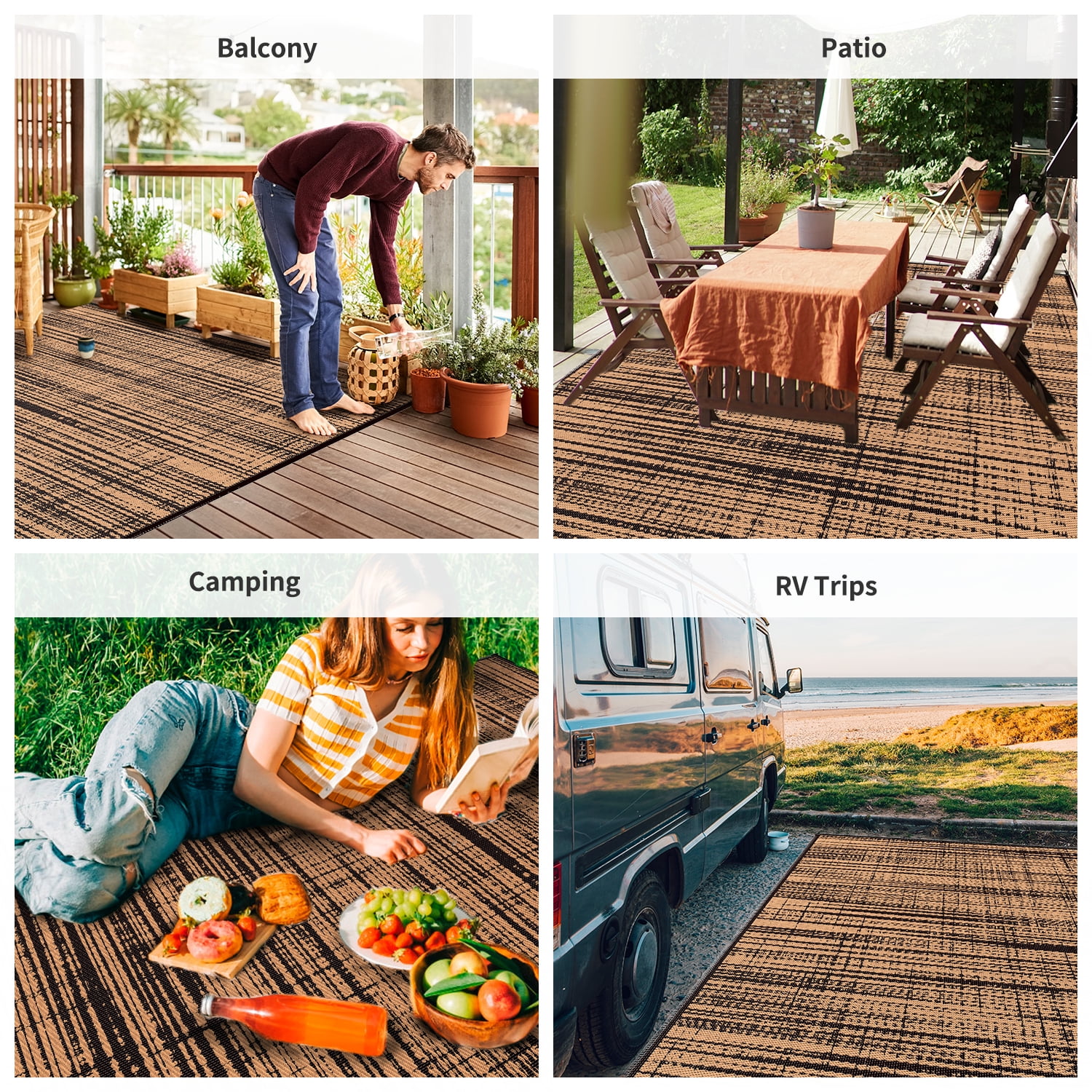 VUNATE Outdoor Rug Carpet 6'x9' Waterproof Reversible Patio Rug Portable Modern Abstract Indoor Outdoor Rug Plastic Straw Rug for RV Camping Garden Picnic Deck Backyard Porch Decor Black and Brown