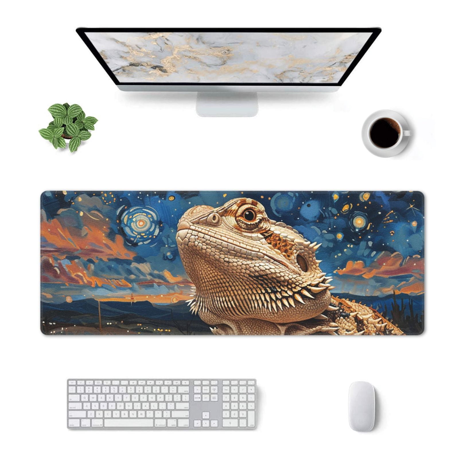 Bearded Dragon Lizards Retro Starry Mouse Pad Extended Large Gaming Mousepad Non-Slip Rubber Big Keyboard Desk Mat 31.5 X 11.8 Inch