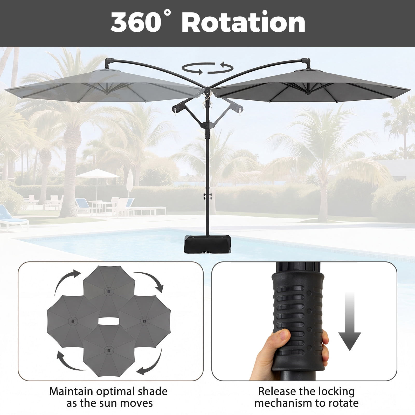 Costway 10 FT Offset Hanging Umbrella with Base Patio Cantilever Umbrella 360° Rotation Gray