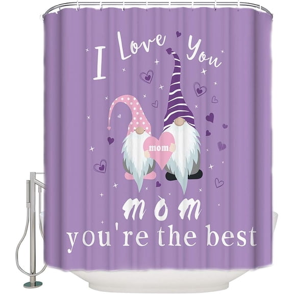 I Love You Mom Shower Curtain Gnome Purple Backdrop Shower Curtains for Bathroom Curtain Sets with Hooks Waterproof Fabric Bath Curtain Small Stall Size 36" x 72"