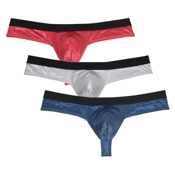 3PACK Botmois Men's Solid Mini Bottoms Bikini Briefs Breathable Thong G-String Underwear Elastic Waistband Shiny T-back Tangas Pink/White/Blue M
