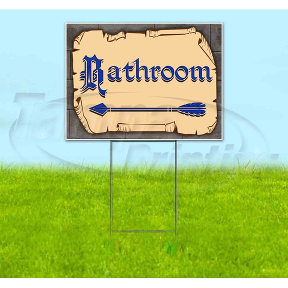 Medieval Fair Bathroom Left Arrow Blue Scroll (18" x 24") Yard Sign, Includes Metal Step Stake
