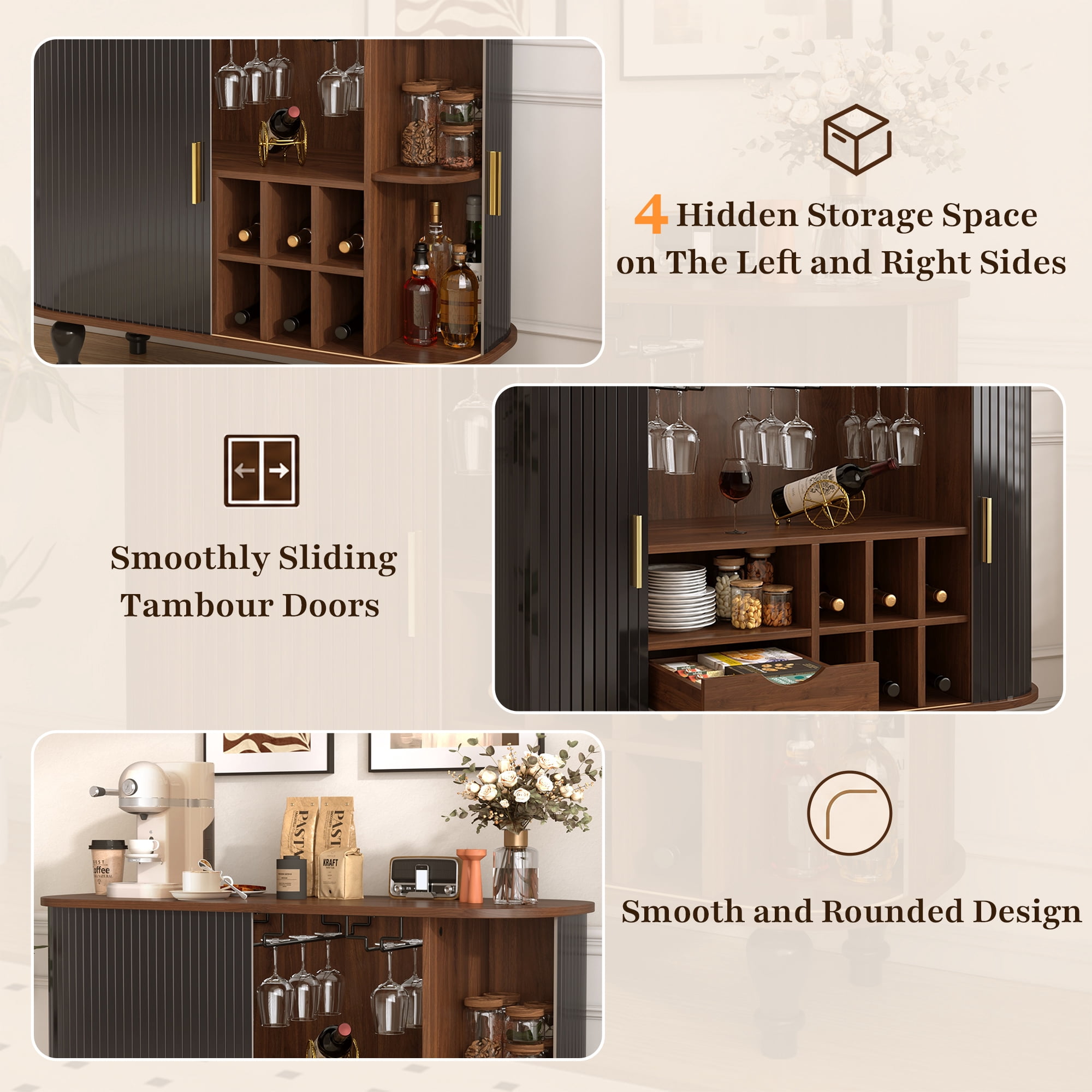 avobird 39" Fluted Liquor & Coffee Bar Cabinet with 6 Wine Racks and 3 Glass Holders, Mid-Century Modern Bar Cabinet with A Large Storage Drawer ,4 Hidden Storage Space on the Side , Black