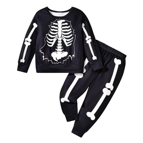 Gerichy Toddler Baby Boy Clothes Fall Winter Outfit, Baby Boys Outfit 2PCS Baby Boy Halloween Role Playing Bone Skeleton Print Long Sleeved Black Top Bone Print Sweatshirt and Jogger Pants Set