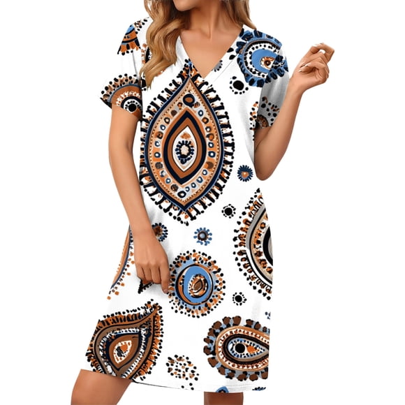 LVHAOGJOB Dress for Women Short Sleeve A Line Flowy Mini Dress Summer Fit and Flare Swing Multicolor Womens Sundress Boho