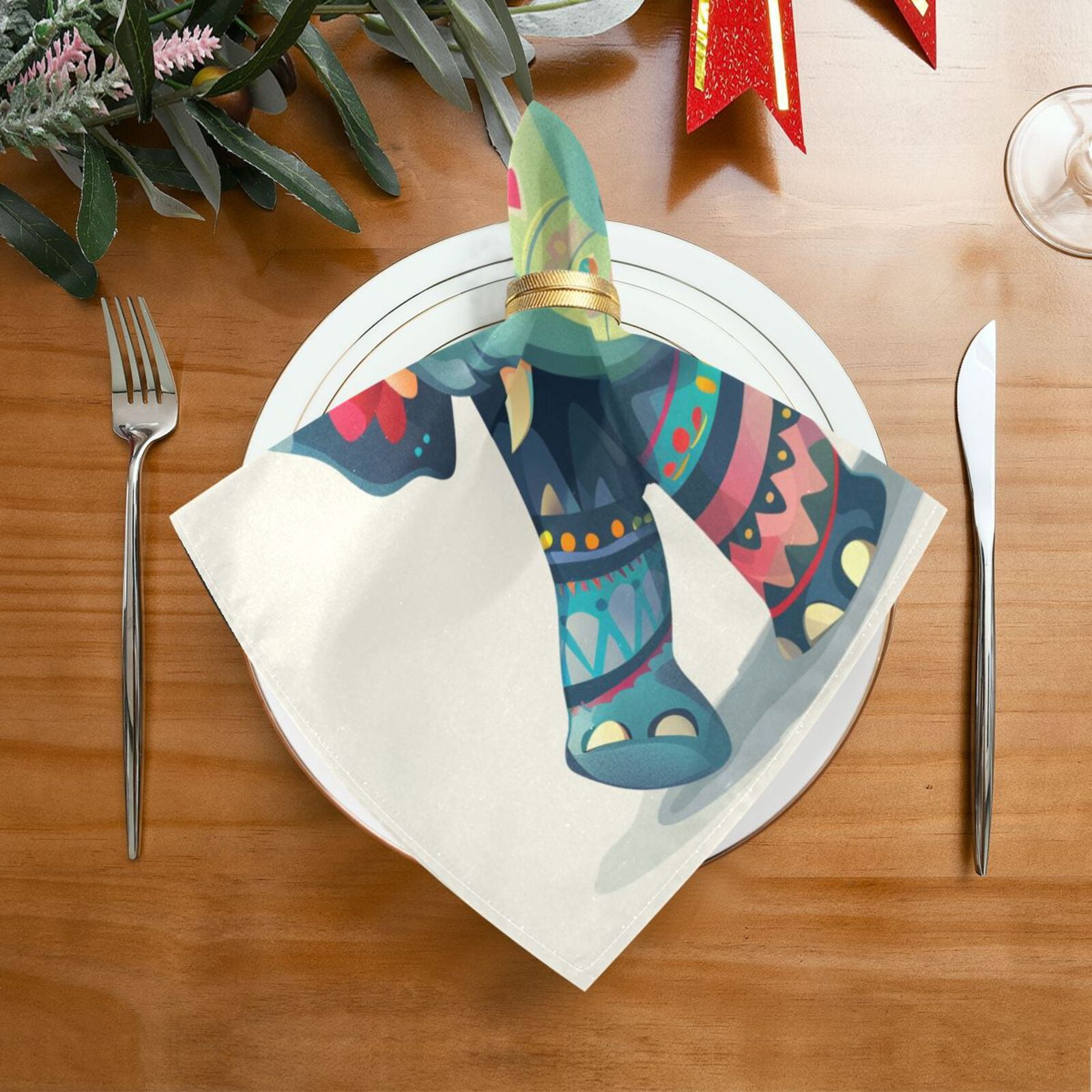 JSTEL Cute Elephant Boho Cloth Napkins Set of 6, 20x20 Inch Washable and Reusable Napkin for Decoupage Dinner Party Everyday Use