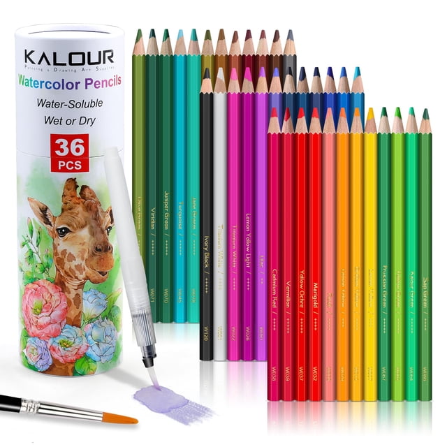 Lápices de acuarela KALOUR con pincel, 36 colores, mezclables en seco o húmedo, ideales para colorear libros y arte