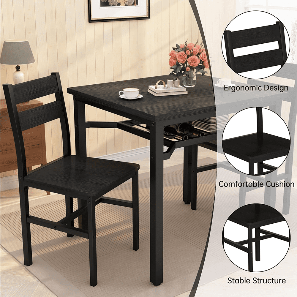 LinkRomat Small Dining Table for 2, Wooden Dinner Table with Storage, 3 Piece Farmhouse Square Dinette Set for Dining Room, Apartment, Small Space