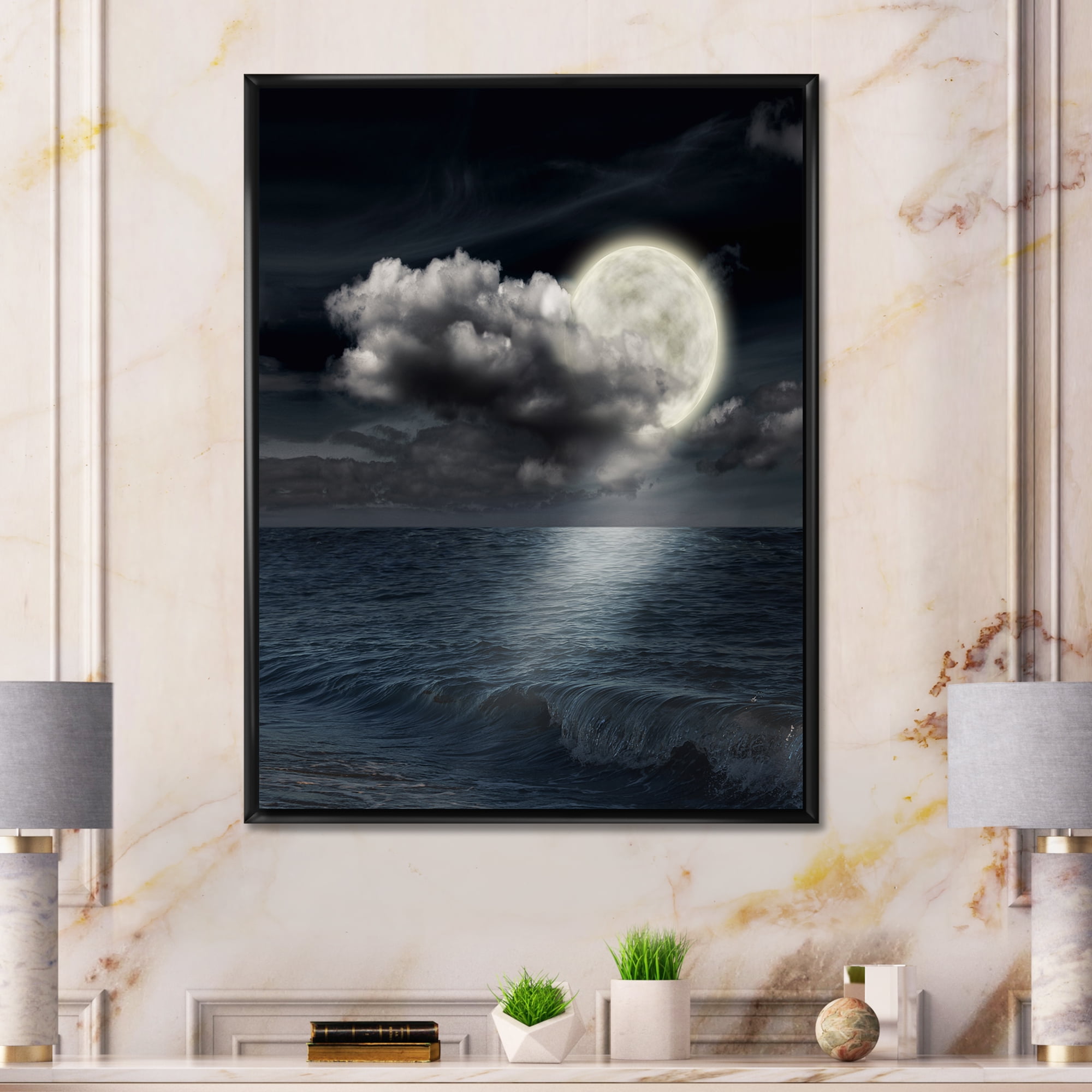 Designart 'Full Moon Night in Cloudy Sky VI' Nautical & Coastal Framed Canvas Wall Art Print