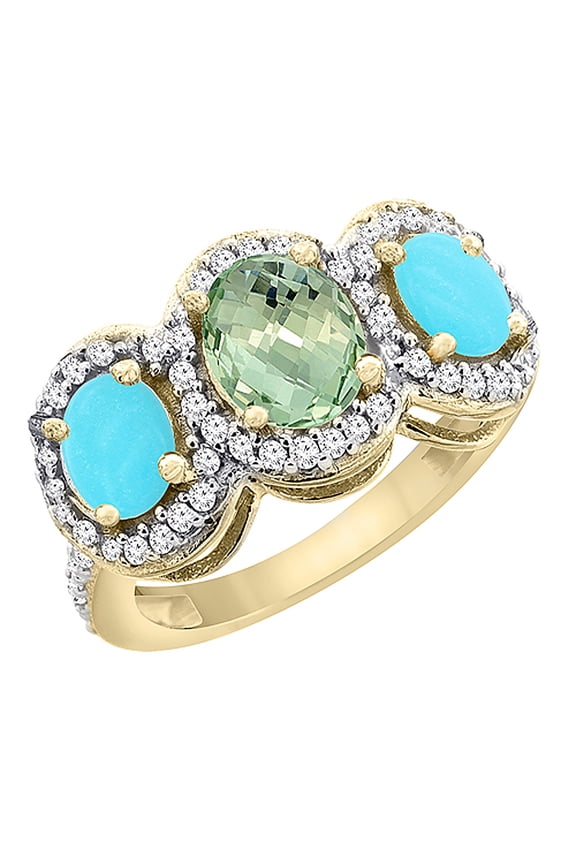 14K Yellow Gold Natural Green Amethyst & Turquoise 3-Stone Ring Oval Diamond Accent, size 8