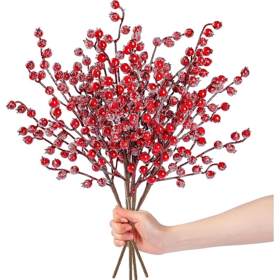 TETOU 6Pcs 17In Christmas Red Berry Stems, Artificial Holly Berry Branches, Fake Snow Frosted Berry Picks for Floral Arrangements Christmas Tree Holiday Home DIY Crafts Decor