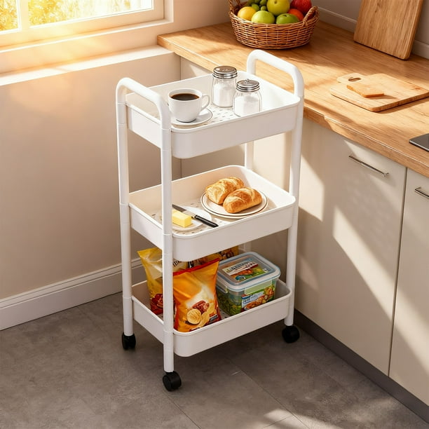 Estantería de Suelo de Tres Niveles con Ruedas para Cocina, Dormitorio, Mesilla de Noche, Baño o Aseo.