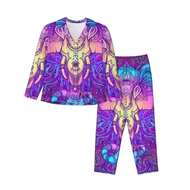 Fotbe Elephant in Tribal Style Conjunto de Pijama de Manga Larga para Mujer con Estampado, Ropa de Dormir de 2 Piezas, Conjunto de Casa Suave y Cómodo con Bolsillos-Large