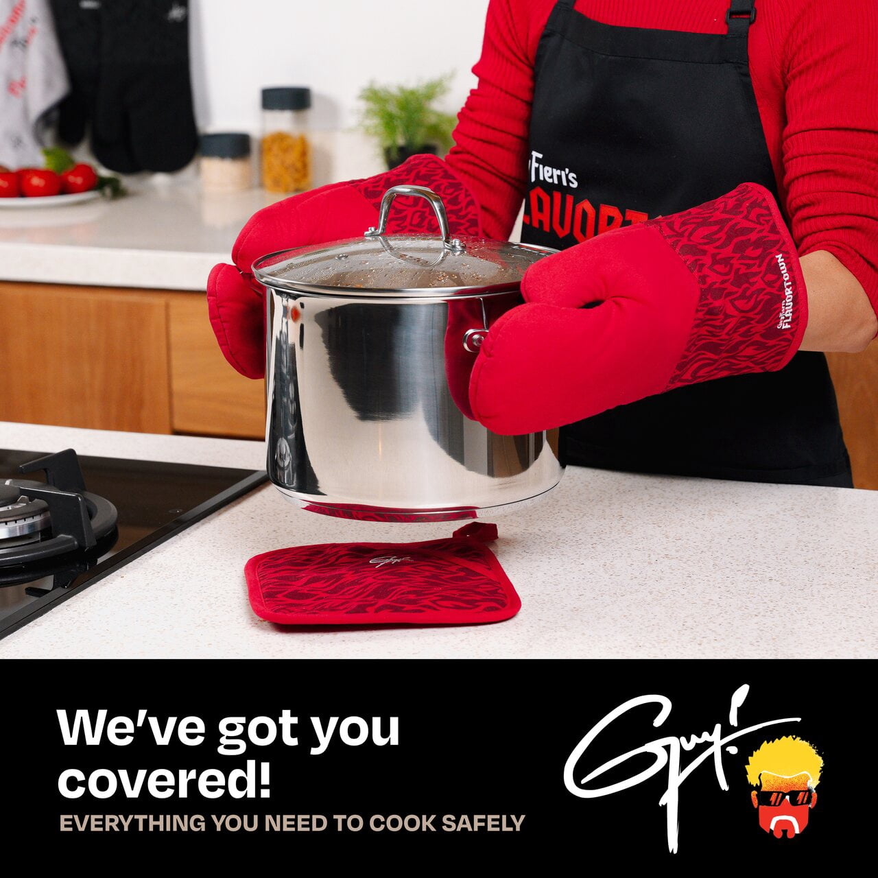 Guy Fieri's Flavortown Kitchen Essentials Bundles, Red Flame 4-Piece Set, 2 Oven Mitts & 2 Pot Holders, High Heat Resistant up to 450°F
