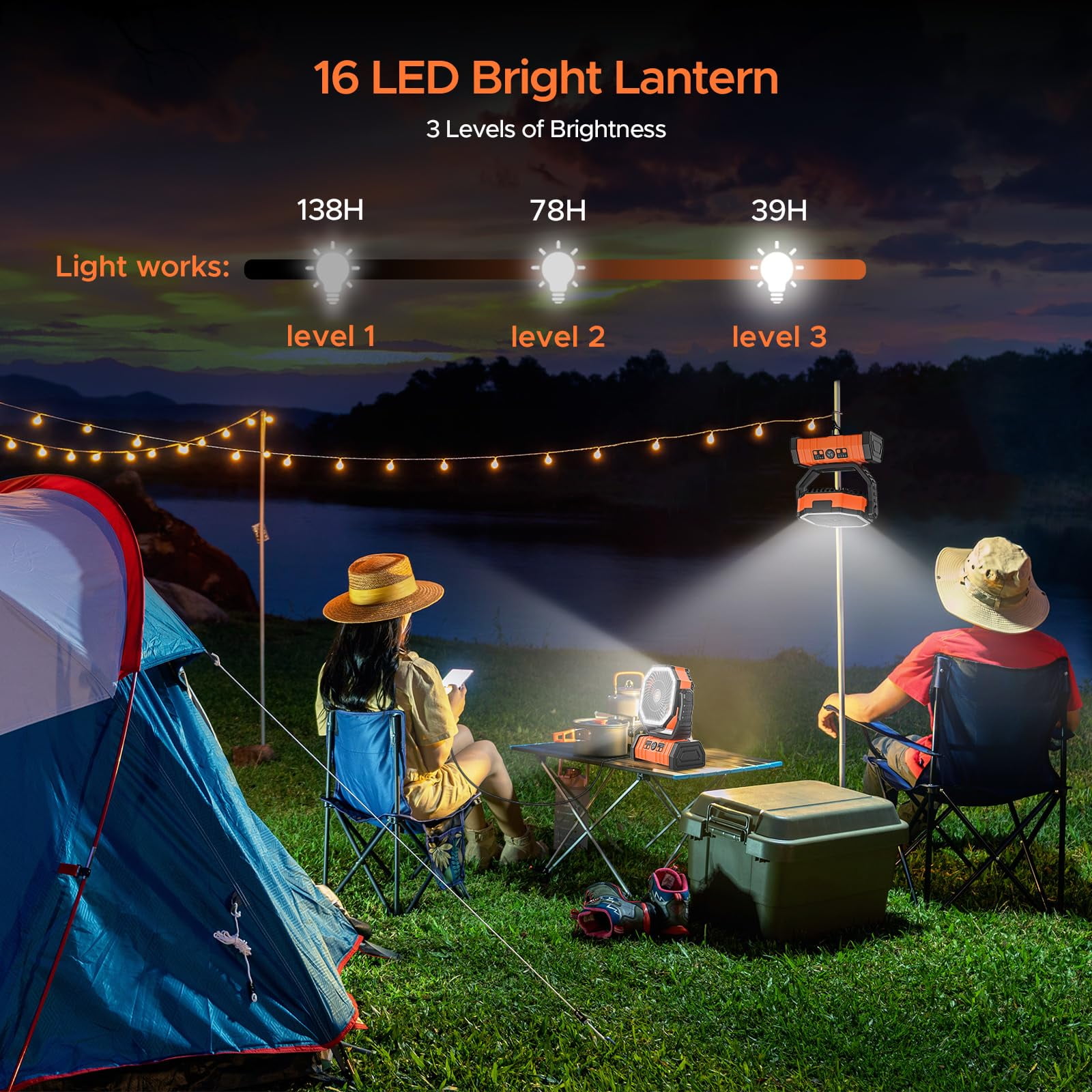 Camping Fan, 20000mAh Rechargeable Battery Operated Outdoor Tent Fan with LED Light & Foldable Hook, 4 Speeds with 270° Rotate Pivot for Camping, Barbecue, kitchen, Fishing, Construction(Orange)