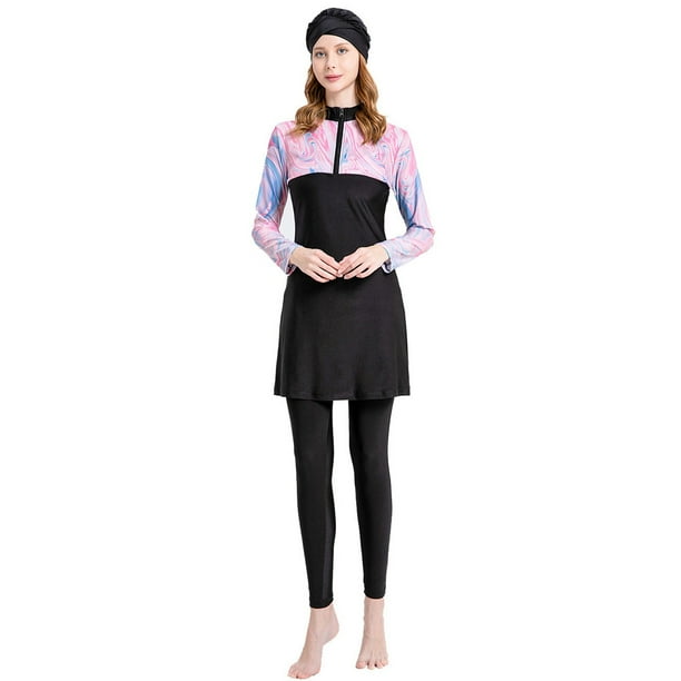 WILLBEST Trajes de Baño Mujer Natación Traje de Baño de Gran Tamaño Para Mujer Traje de Baño Conservador Pantalones de Manga Larga Gorro de Baño Traje de Baño de Tres Piezas
