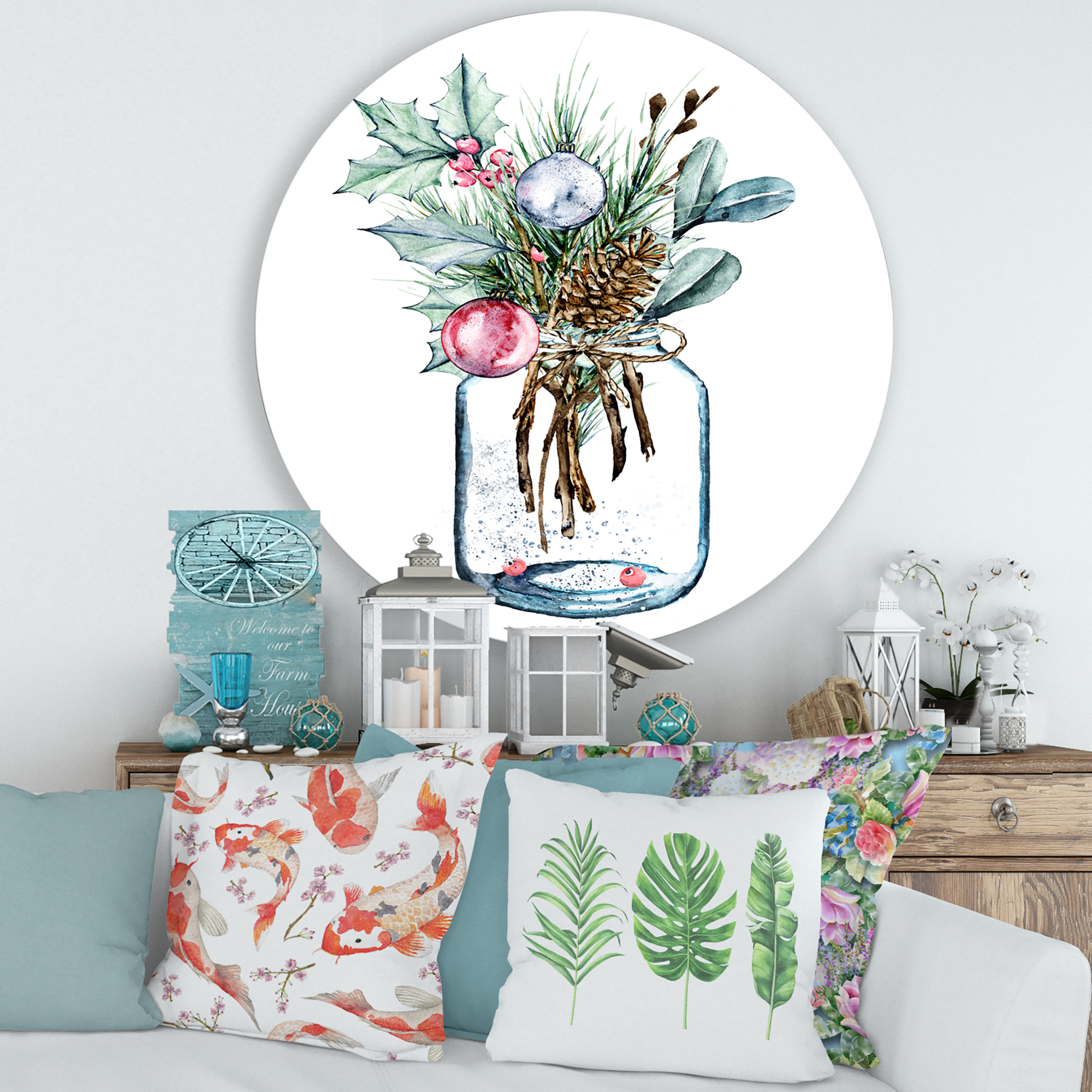 Designart 'Merry Christmas Bouquet In Transparant Jar' Traditional Circle Metal Wall Art 36x36 - Disc of 36
