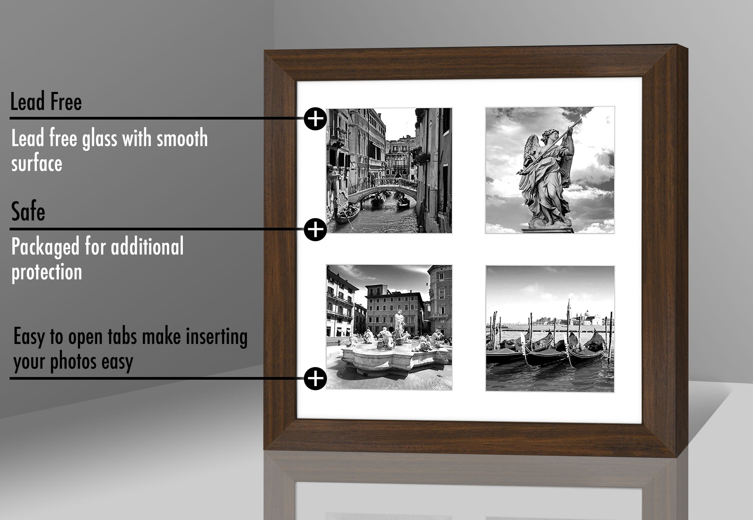 10x10 Collage Picture Frame in Walnut With Four 4x4 Inch Openings - Composite Wood with Shatter Resistant Glass - Horizontal and Vertical Formats for Wall