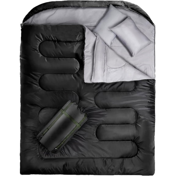 GVDV Double Sleeping Bag for Adults Mens with Pillow, XL Queen Size Two Person Sleeping Bag for All Season Camping Hiking Backpacking 2 Person Sleeping Bags for Cold Weather & Warm