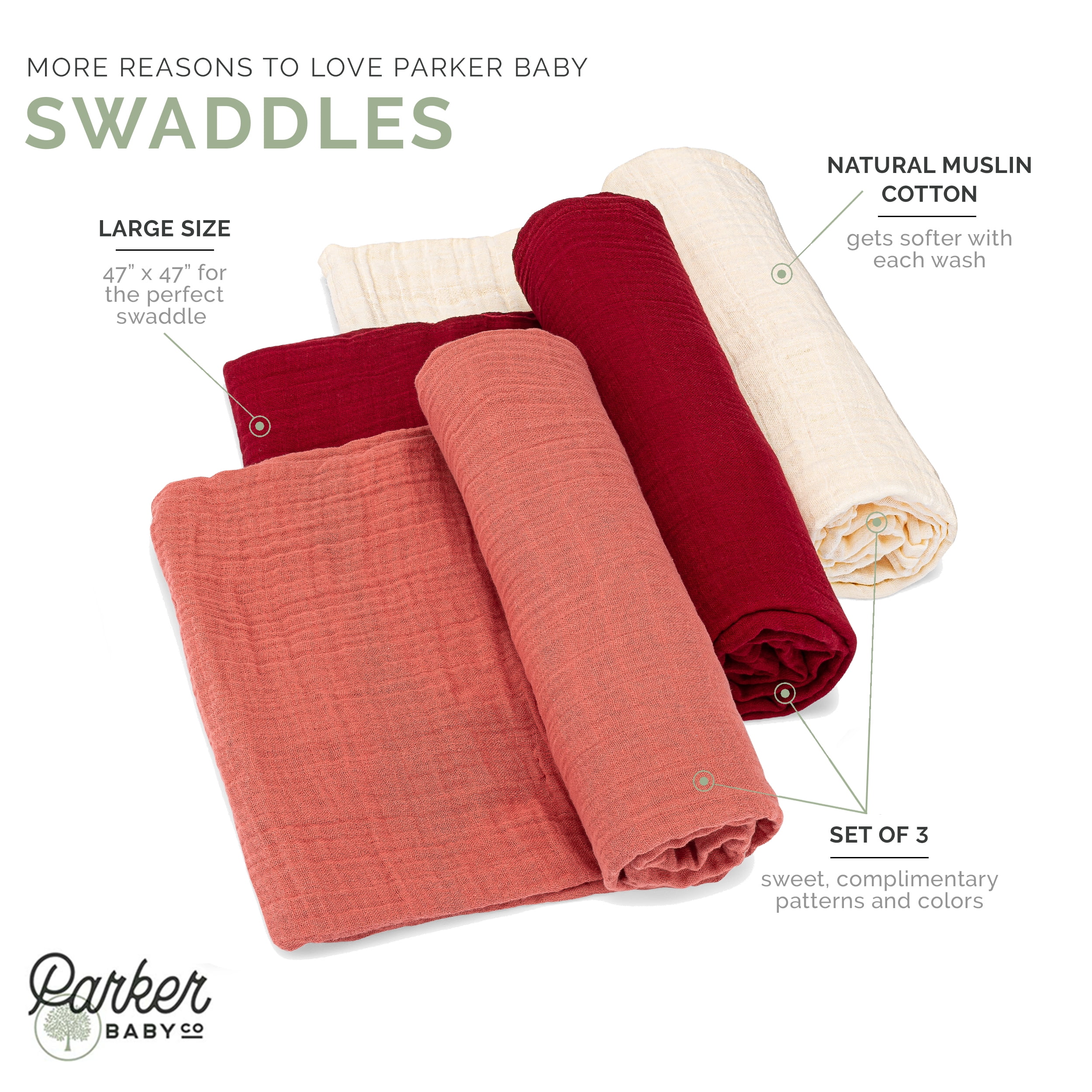 Parker Baby Swaddles - 3 Pack Infant 100% Cotton Muslin Femal Swaddle Blankets - Rose Set