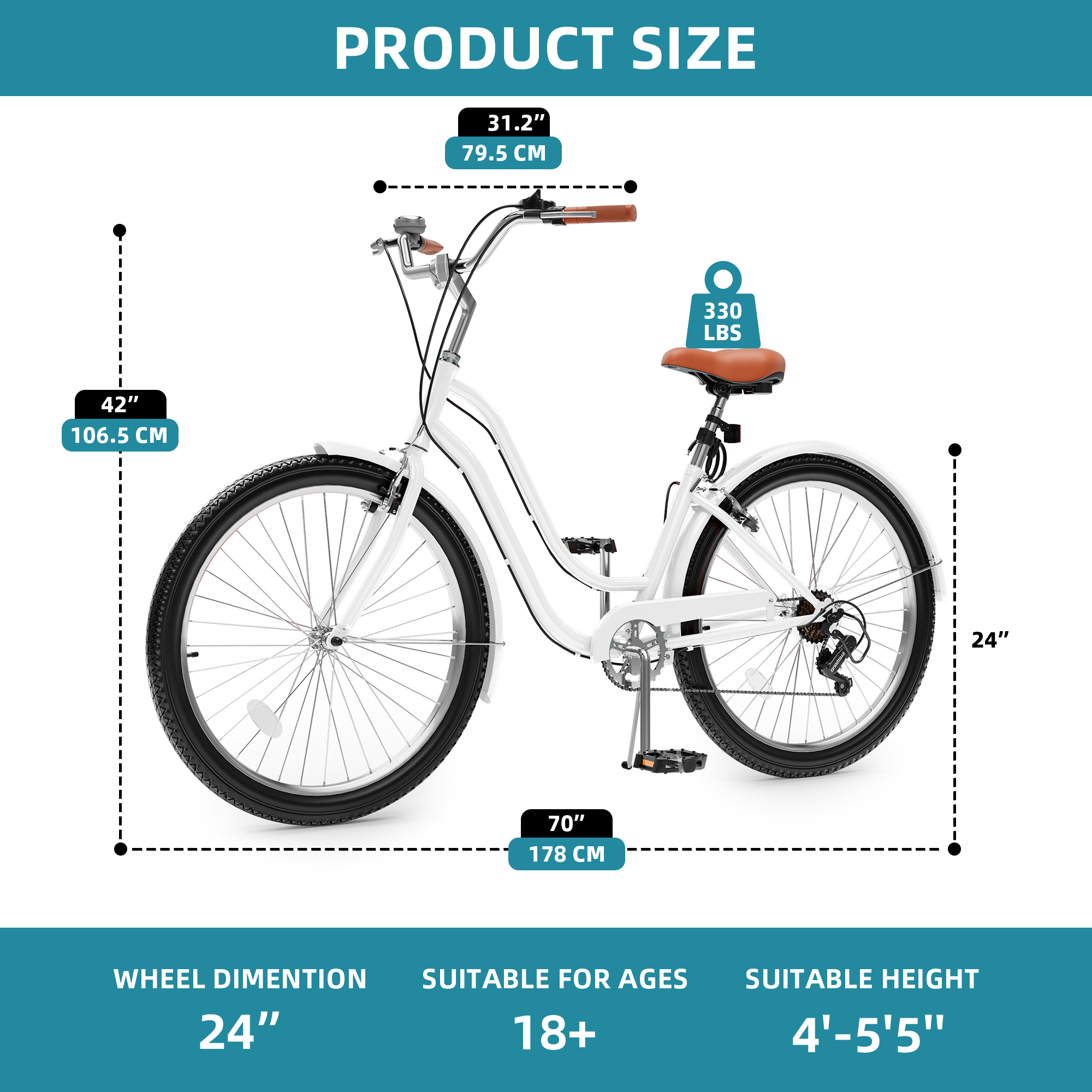 Uforic 24 Inch Beach Cruiser Bike, 7 Speed Commute Bike, Step-Through Bicycle for Adult Women & Men, Steel Frame Cruiser Bike, White