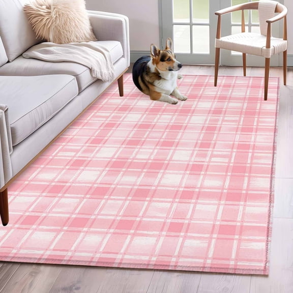 Hallway Runner Rugs 2.7x5 Ft, Pink Plaid Non Slip Area Rugs for Kitchen Bedroom Entryway, Modern Art Checkered Farmhouse Washable Carpet Runner Rug Floor Mats for Bedroom Home Decor
