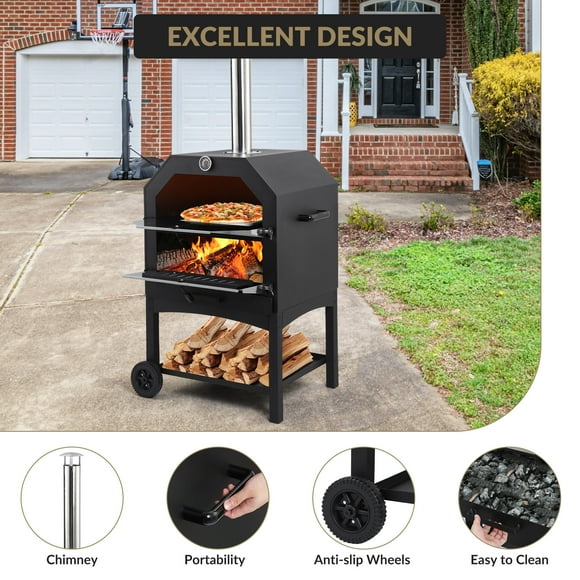 QinaQin Outdoor Wood Fired Pizza Oven with Pizza Stone, Peel, Grill Rack, Wheels and Waterproof Cover