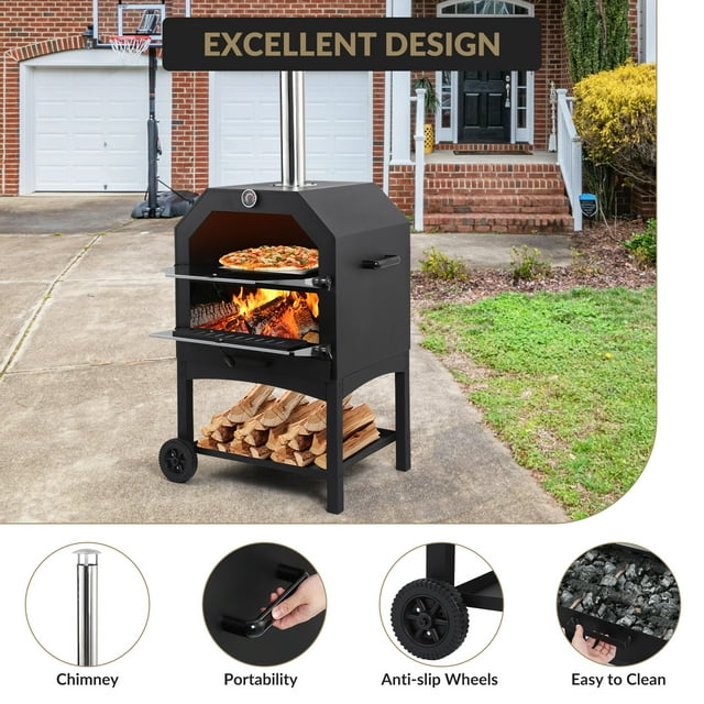 Yiwa Four à Pizza Portatif au Feu de Bois pour l'Extérieur, Machine à Pizza de Patio Extérieur avec Pierre, Pelable, Grille, Roues et Couvercle Imperméable