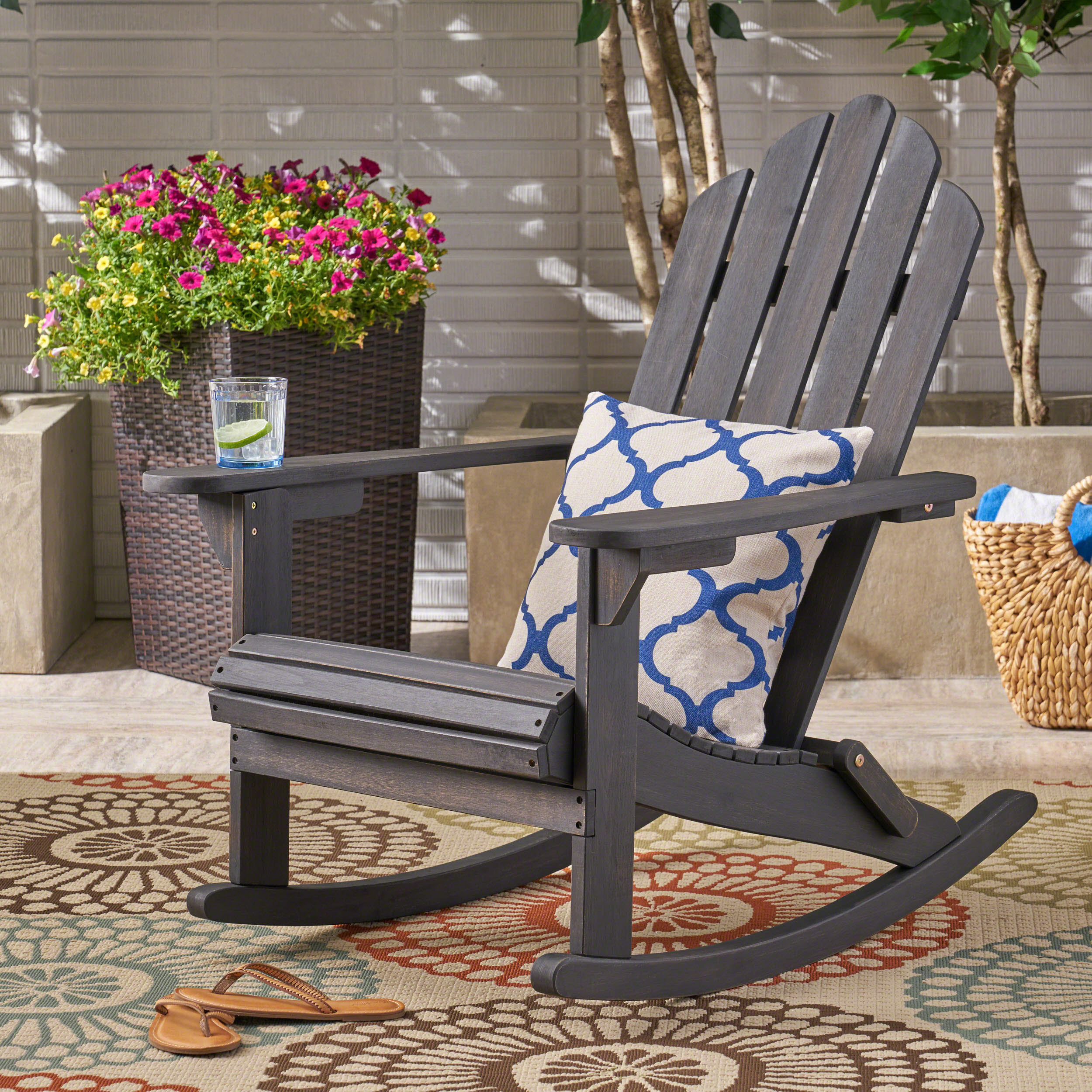Outdoor Adirondack Rocking Chair, Solid Acacia Wood Swing Rest Seat for Patio Garden, Dark Gray