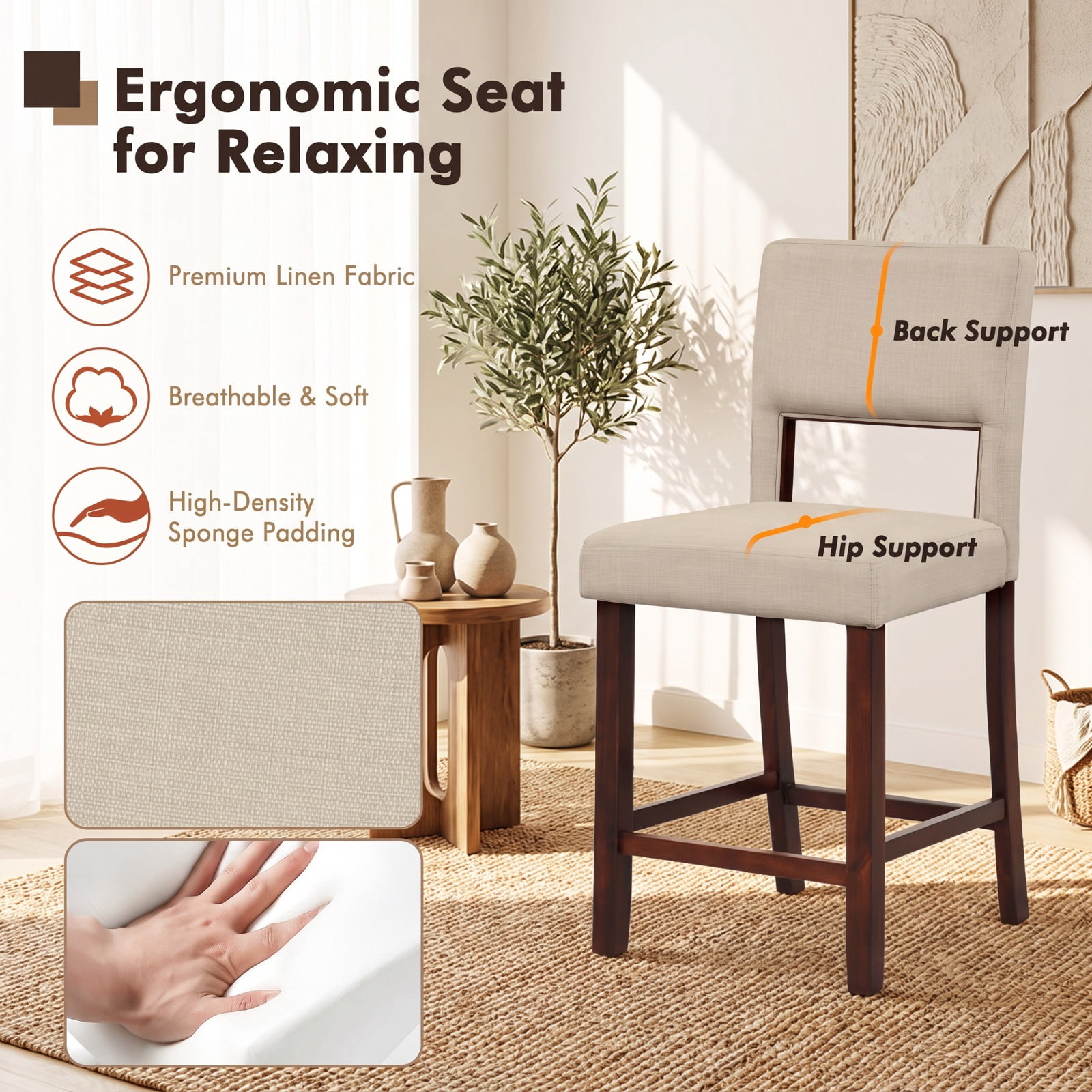 Furnibear Set of 2 Bar Chairs with Hollowed Back and Rubber Wood Legs in Beige
