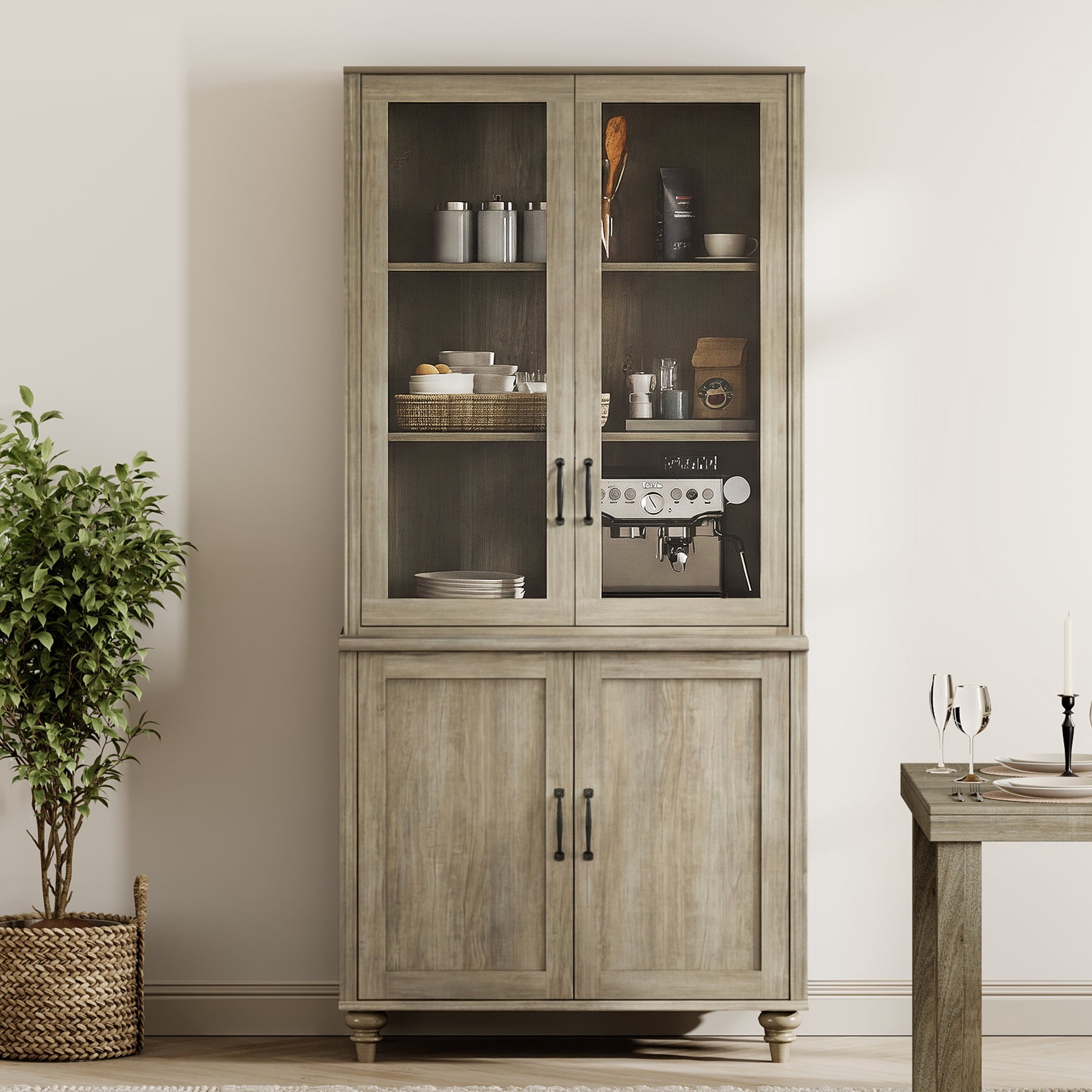 72.1"H × 33.9"W Large Farmhouse Wooden Bookcase with Glass Doors & Shelves, Storage Cabinet Bookcase for Living Room, Bedroom, Home Office & Kitchen, Wash Gray