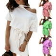 thumbnail image 4 of Zeus Robe Mini Élégante pour Femmes Couleur Unie Col Halter une Épaule Manches Courtes Ceinture Taille, 4 of 7