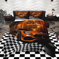 Homewish Cartoon Orange Automobile Full Size Comforter Sets, Sports Car Checkered Flag Bedding Comforter Set, Teens Kids Boys Men Reversible Bedding Sets, Super Cozy Room Decor, 3 Pieces